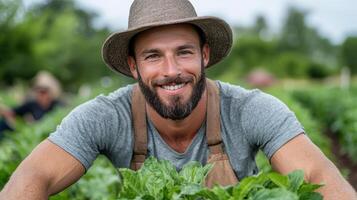 A smiling man in a hat is in a field of vegetables photo