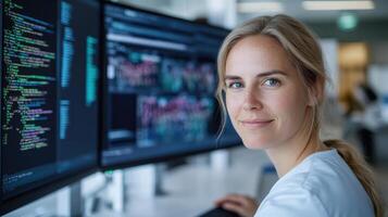 female researcher programming bioinformatics software, focused on her work at multiple monitors photo