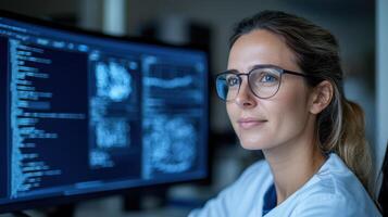 focused female researcher analyzes bioinformatics data computer screen, showcasing her expertise photo