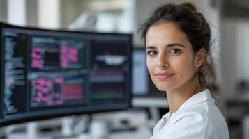 female researcher programming bioinformatics software, focused and confident photo