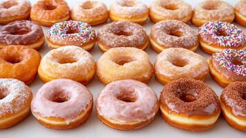 Delicious assortment of colorful donuts arranged neatly, perfect for any celebration photo