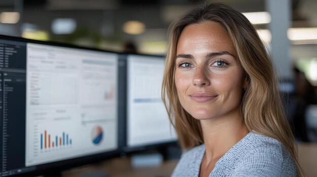 Professional woman in office setting, focused on data analysis and performance metrics photo