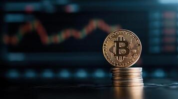 cryptocurrency coin stacked on table with financial chart in background, symbolizing growth photo