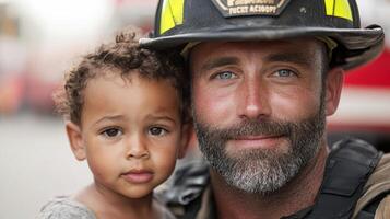firefighter gently holds child, showcasing moment of comfort and safety photo