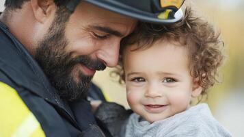 firefighter gently embraces smiling child, showcasing moment of warmth and safety photo