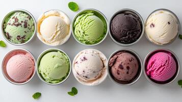 Assorted ice cream flavors in stainless bowls create delightful and colorful display photo