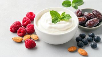 Creamy yogurt with fresh berries and nuts creates healthy snack option photo