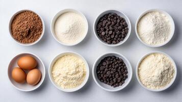 Rich ingredients for baking chocolate chip cookies arranged in bowls create delightful scene photo