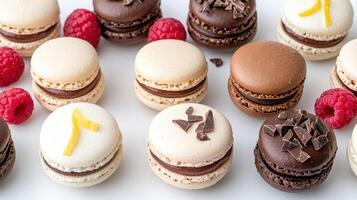 Delightful macarons arranged with fresh raspberries, showcasing various flavors and textures photo