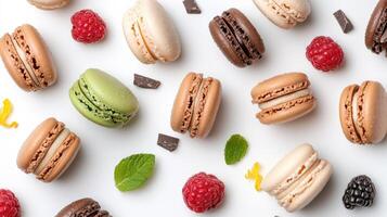 Delightful macarons arranged with fresh fruits and chocolate pieces create vibrant display photo