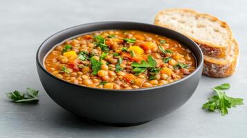 Lentil soup with bread on a gray background photo