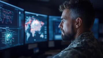 focused individual military attire analyzes data multiple screens, showcasing high tech photo
