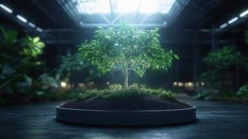 vibrant tree surrounded by lush greenery, illuminated in serene indoor garden setting photo