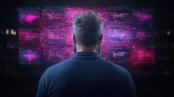 person observes digital interface filled with vibrant data visualizations, creating sense photo