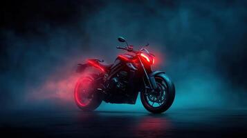 sleek motorcycle with neon lights stands out against misty backdrop, exuding futuristic vibe photo