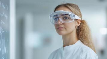Innovative scientist wearing protective eyewear in modern laboratory setting photo