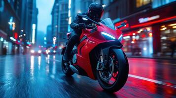 futuristic motorcycle with neon lights cruising on rainy city street at night photo
