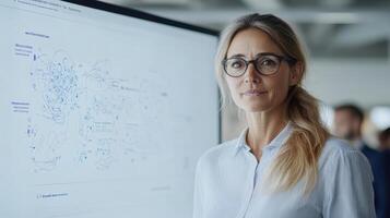 professional woman stands confidently beside futuristic whiteboard displaying complex data photo