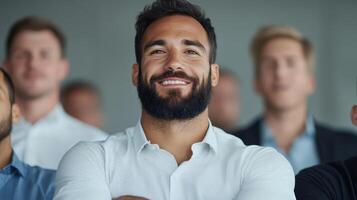 Confident man smiling in professional setting, surrounded by colleagues photo