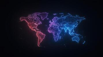 vibrant digital map of world, showcasing regions red and blue hues, symbolizes global photo