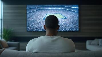 person watching sports game on large screen in modern living room, feeling excitement photo