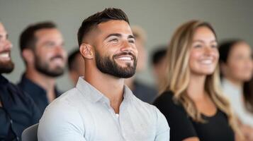 Engaged audience members smiling during presentation, showcasing positive emotions photo