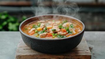 hot bowl of soup with vegetables and meat, steaming wooden surface, evokes warmth and comfort photo