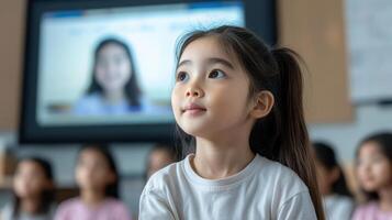 young girl attentively listens to virtual lesson, showcasing curiosity and engagement classroom photo