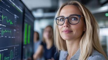 Professional woman with glasses analyzing data digital dashboard, showcasing business metrics photo