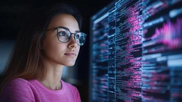 Focused woman analyzing data on screen, showcasing technology and programming skills photo