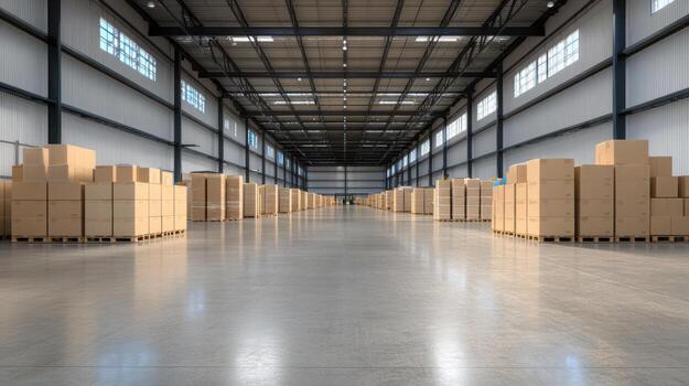grande almacén interior con apilado cartulina cajas y espacioso disposición, exhibiendo eficiente foto