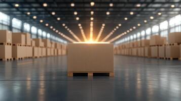 well organized logistics hub with illuminated packaging creates vibrant atmosphere photo