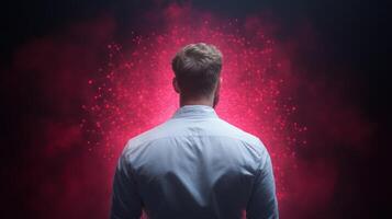lone researcher stands dark space, illuminated by glowing red network of connections photo