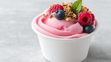A pink yogurt with berries and granola photo