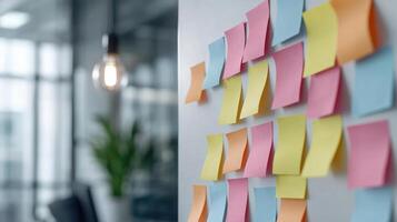 Colorful sticky notes arranged on wall in office, showcasing creative ideas and brainstorming photo