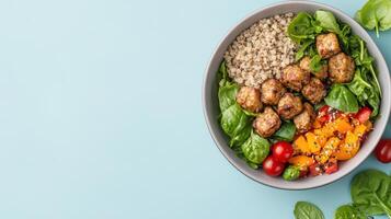 Healthy meal bowl with quinoa, spinach, meatballs, and colorful vegetables photo