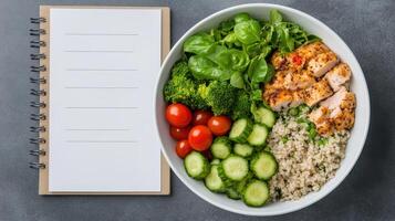 Healthy meal prep with chicken, vegetables, and grains alongside meal planning notebook photo