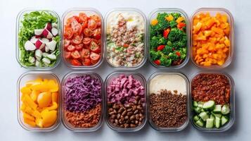 Fresh meal prep containers filled with colorful vegetables and proteins for healthy eating photo