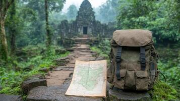 Exploring ancient ruins with map and backpack evokes adventure and discovery photo