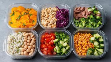 Healthy meal prep containers filled with colorful ingredients like vegetables, grains photo