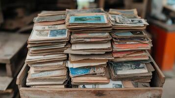 Old postcards stacked in wooden box, showcasing memories and history photo