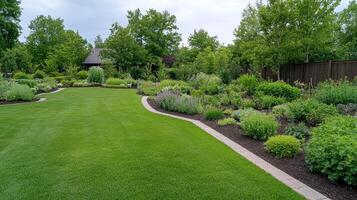 lush garden landscape featuring vibrant greenery, diverse plants, and well maintained lawn photo