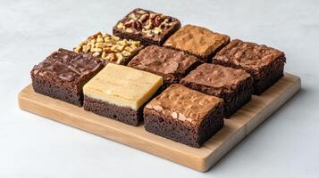 Delicious brownie assortment on wooden board, featuring various flavors and textures photo
