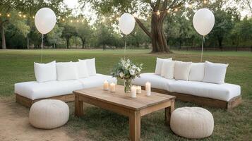 serene outdoor setting features elegant white seating, soft cushions, and decorative balloons photo