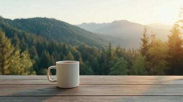 serene cabin deck scene featuring hot drink and breathtaking mountain view photo