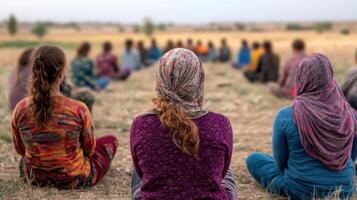 serene gathering of individuals natural setting, engaged moment of reflection and connection photo