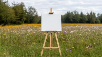 blank canvas on easel in vibrant field of wildflowers, inviting creativity and inspiration photo
