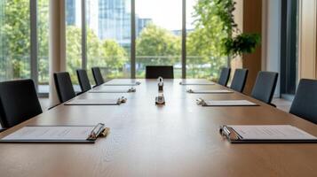 modern conference room setup with long wooden table, chairs, and printed briefs photo