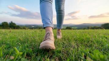 Walking barefoot in nature evokes sense of peace and connection to earth photo