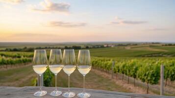 Golden hour at vineyard with wine glasses, showcasing serene landscape photo